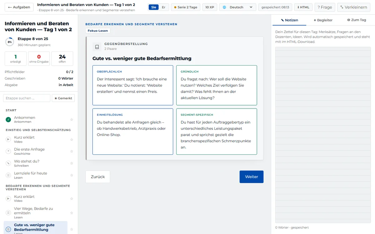 Ein Kurstag in der edu-campus Academy: Etappen links, Inhalt in der Mitte, Notizen rechts